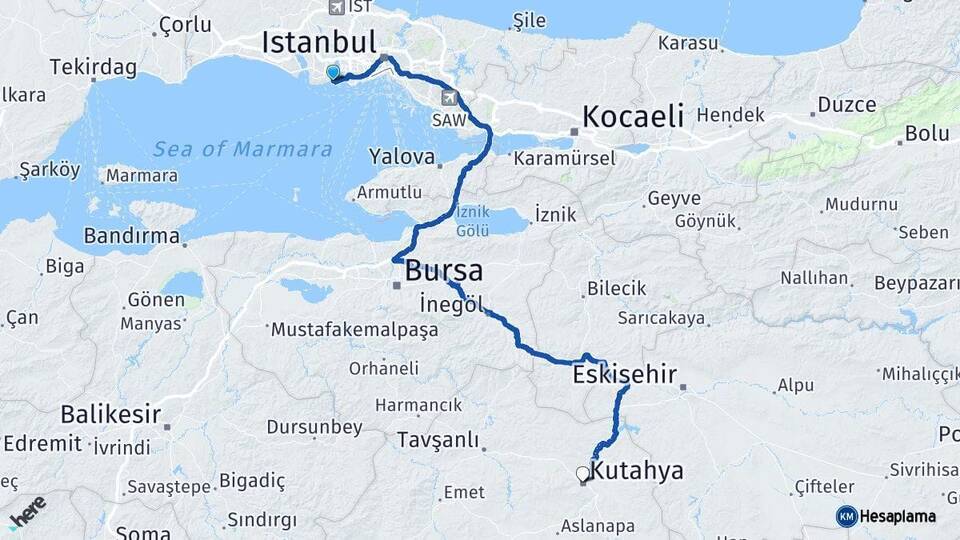 İstanbul Avcılar Kütahya Arası Kaç Km - Yol Haritası