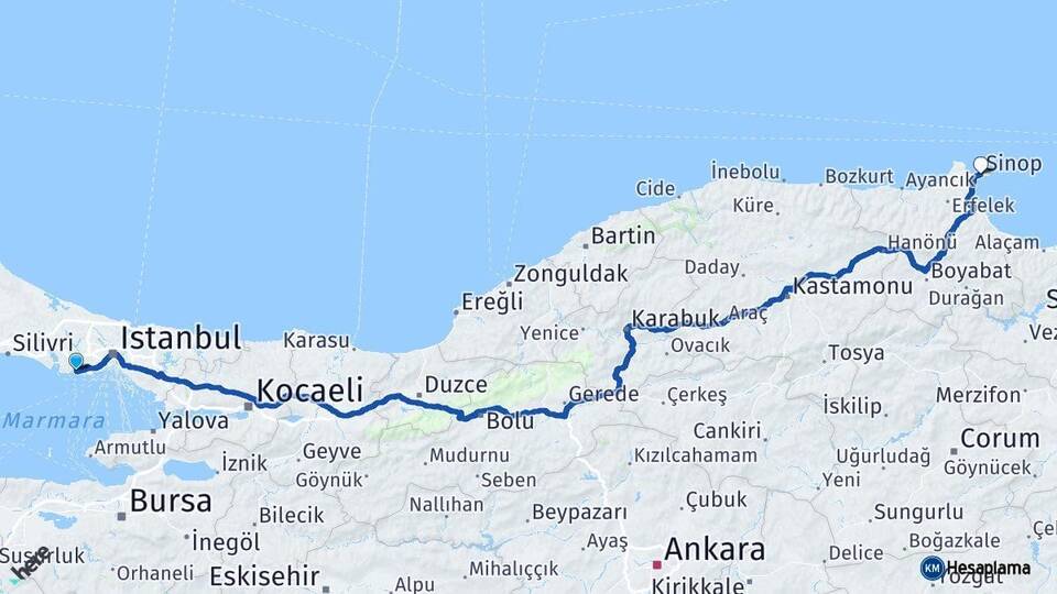 İstanbul Avcılar Sinop Arası Kaç Km - Yol Haritası
