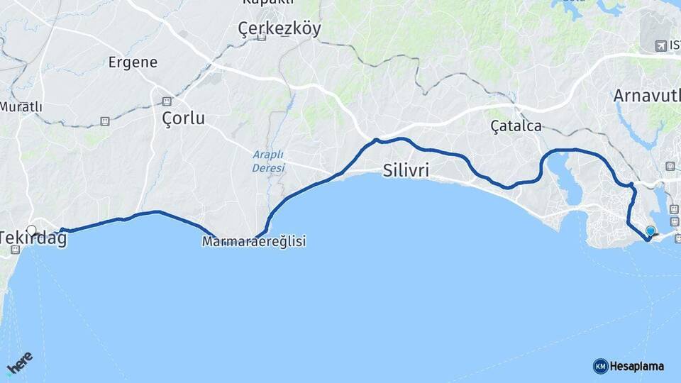 İstanbul Avcılar Tekirdağ Arası Kaç Km - Yol Haritası