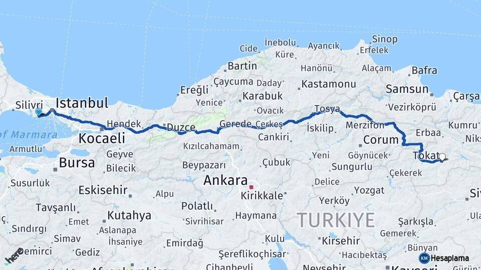 İstanbul Avcılar Tokat Arası Kaç Km - Yol Haritası