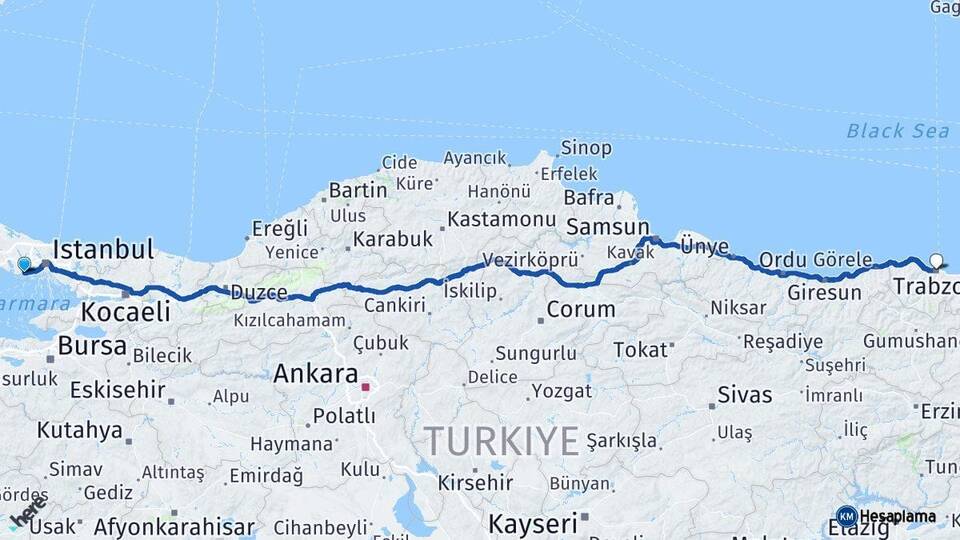 İstanbul Avcılar Trabzon Arası Kaç Km - Yol Haritası