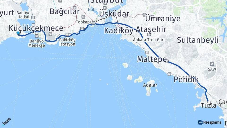 İstanbul Avcılar Tuzla Arası Kaç Km - Yol Haritası