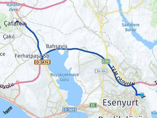 İstanbul Avcılar Yeşilkent Çatalca Arası Kaç Km - Yol Haritası