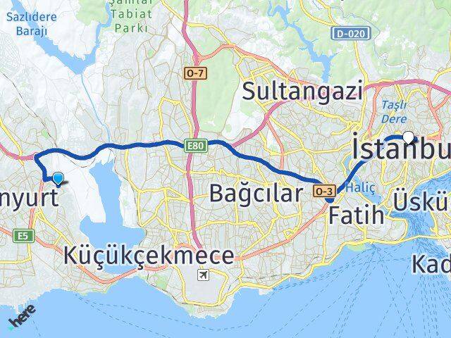 İstanbul Avcılar Yeşilkent Şişli Arası Kaç Km - Yol Haritası