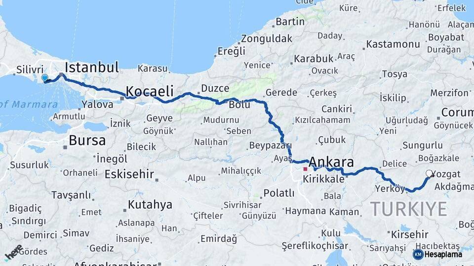İstanbul Avcılar Yozgat Arası Kaç Km - Yol Haritası