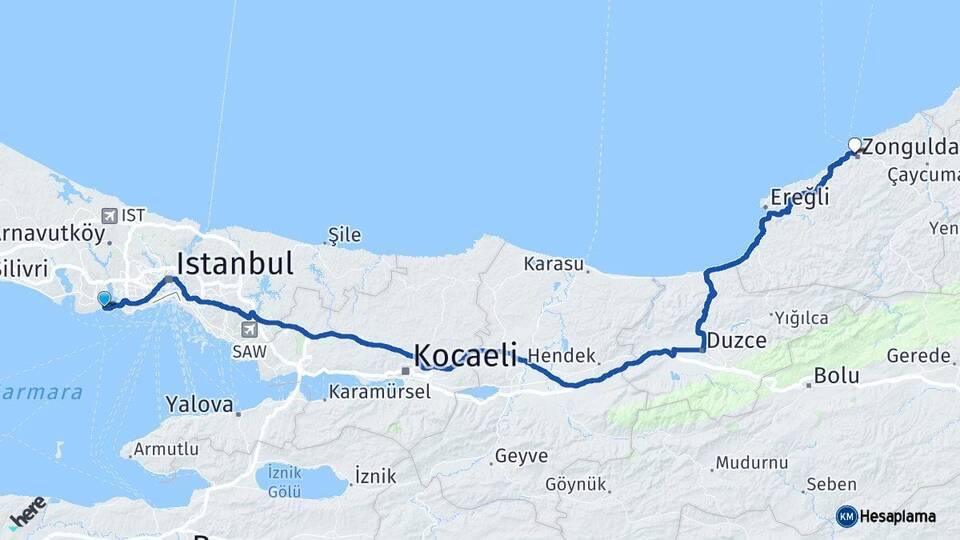İstanbul Avcılar Zonguldak Arası Kaç Km - Yol Haritası