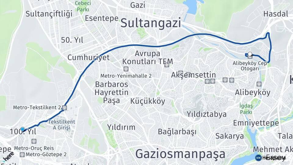 100. Yıl Alibeyköy Cep Otogarı Arası Kaç Km - Yol Tarifi