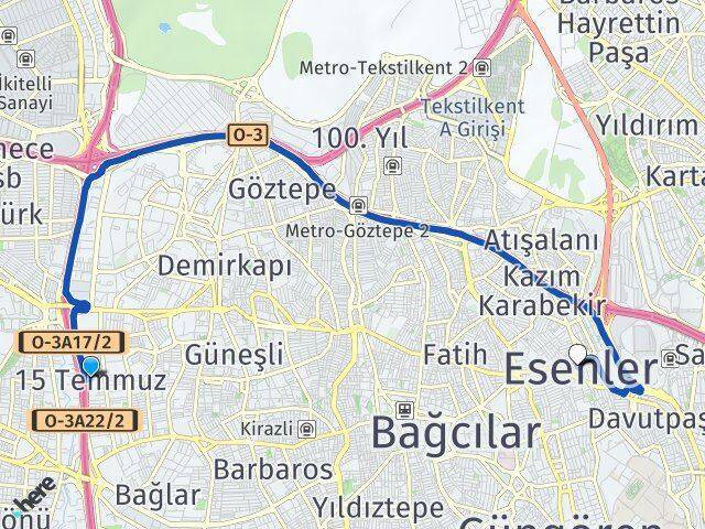 15 Temmuz Esenler Arası Kaç Km - Yol Tarifi