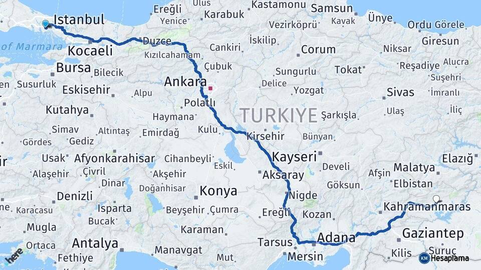 İstanbul Bağcılar Adıyaman Arası Kaç Km - Yol Haritası
