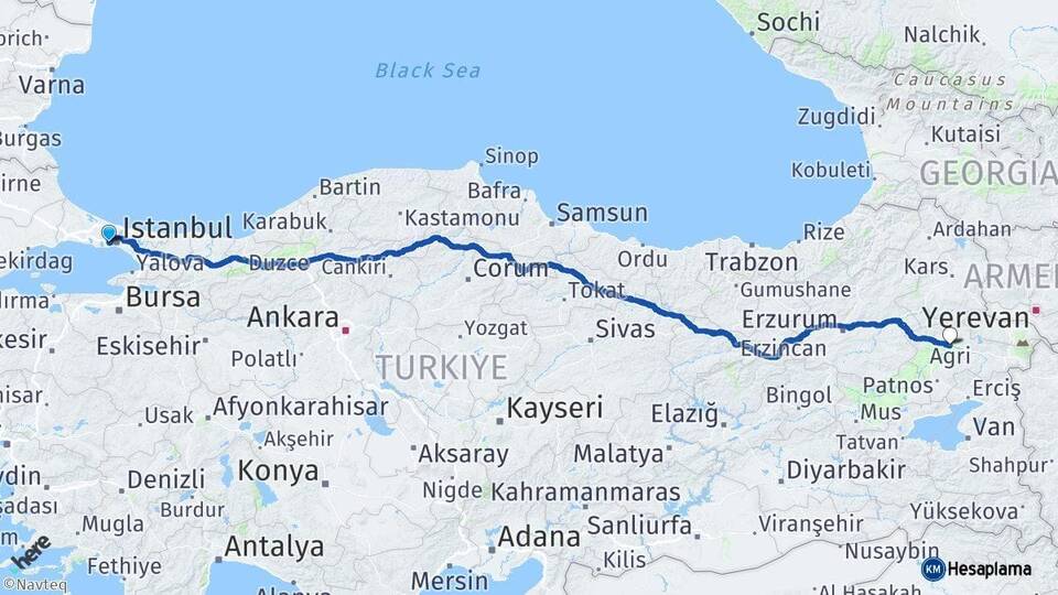 İstanbul Bağcılar Ağrı Arası Kaç Km - Yol Haritası