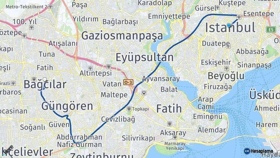 İstanbul Bağcılar Arası Kaç Km - Yol Haritası