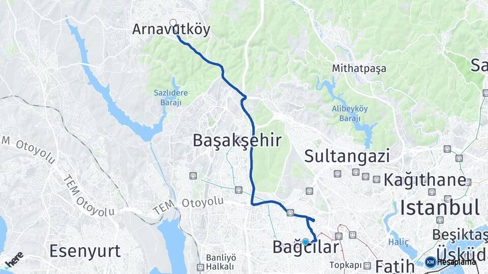 İstanbul Bağcılar Arnavutköy Arası Kaç Km - Yol Haritası