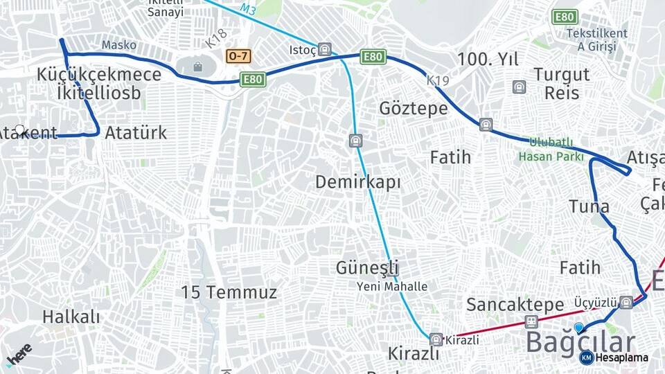 İstanbul Bağcılar Atakent Küçükçekmece Arası Kaç Km - Yol Haritası