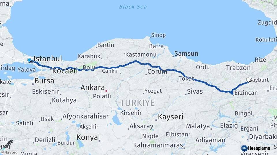 İstanbul Bağcılar Bayburt Arası Kaç Km - Yol Haritası