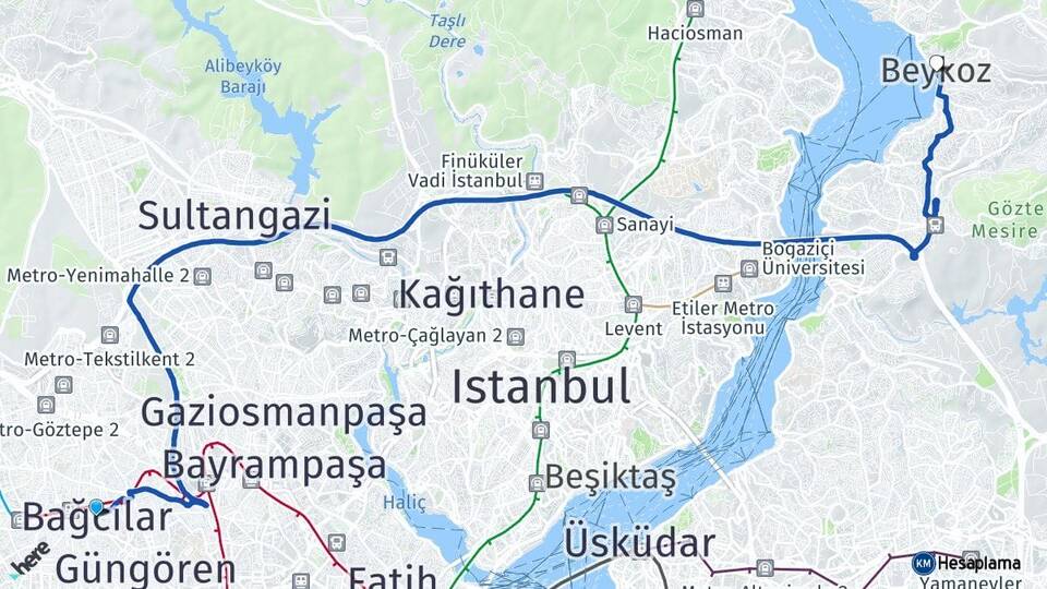 İstanbul Bağcılar Beykoz Arası Kaç Km - Yol Haritası