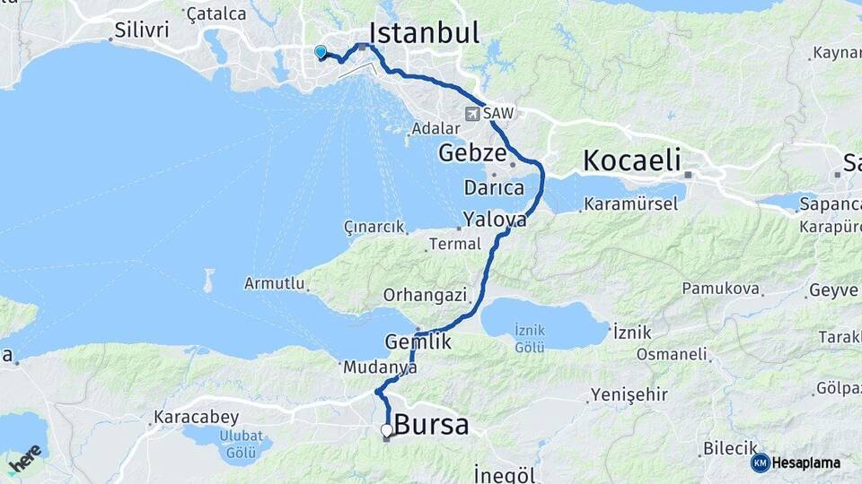 İstanbul Bağcılar Bursa Arası Kaç Km - Yol Haritası