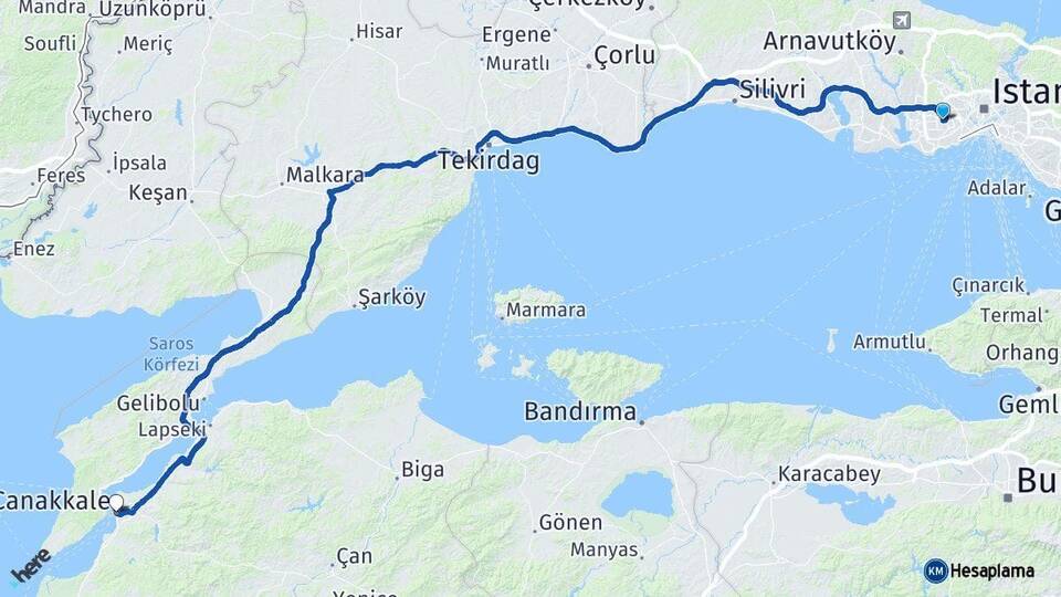 İstanbul Bağcılar Çanakkale Arası Kaç Km - Yol Haritası