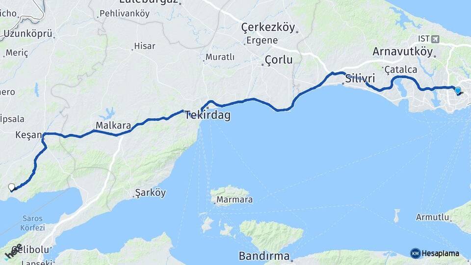 İstanbul Bağcılar Erikli Keşan Edirne Arası Kaç Km - Yol Haritası