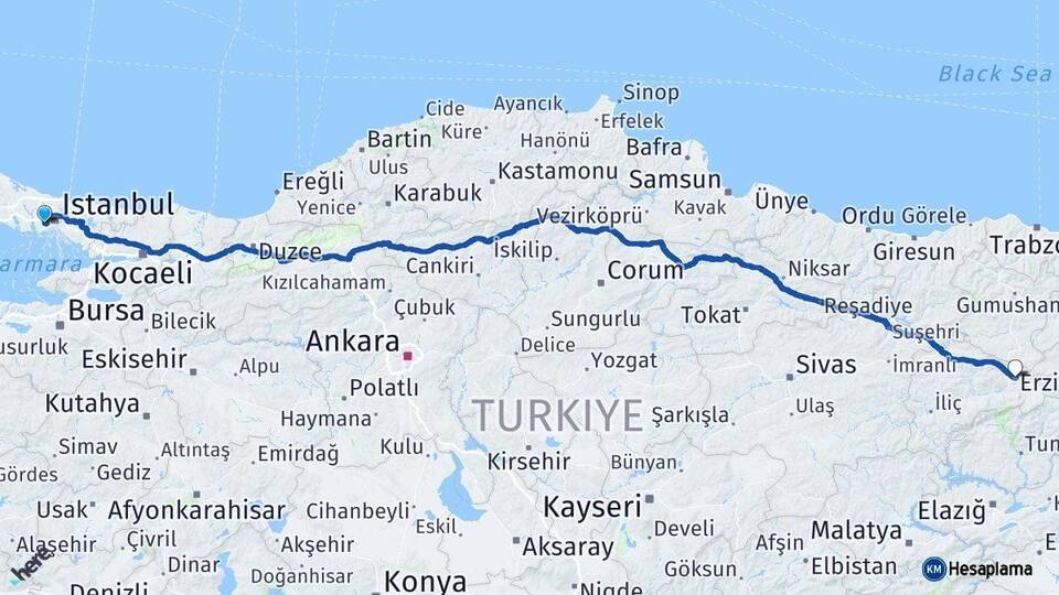 İstanbul Bağcılar Erzincan Arası Kaç Km - Yol Haritası