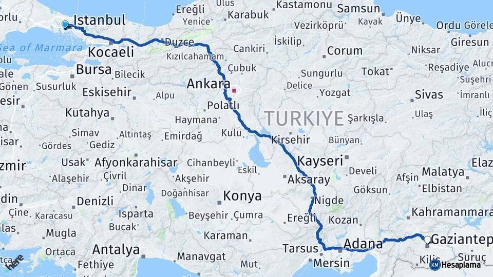 İstanbul Bağcılar Gaziantep Arası Kaç Km - Yol Haritası