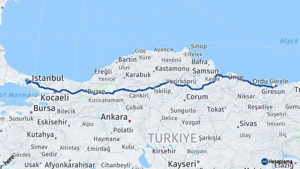 İstanbul Bağcılar Giresun Arası Kaç Km - Yol Haritası