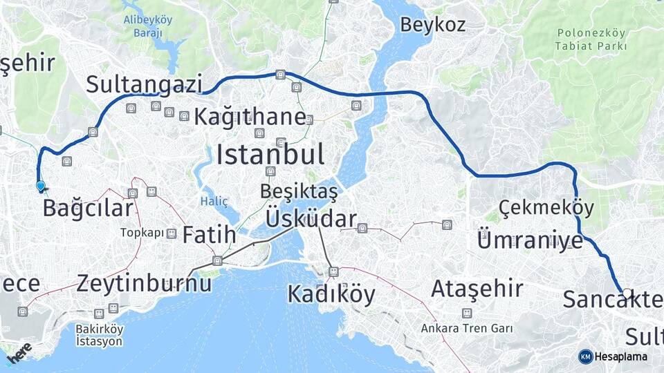 İstanbul Bağcılar Güneşli Sancaktepe Arası Kaç Km - Yol Haritası