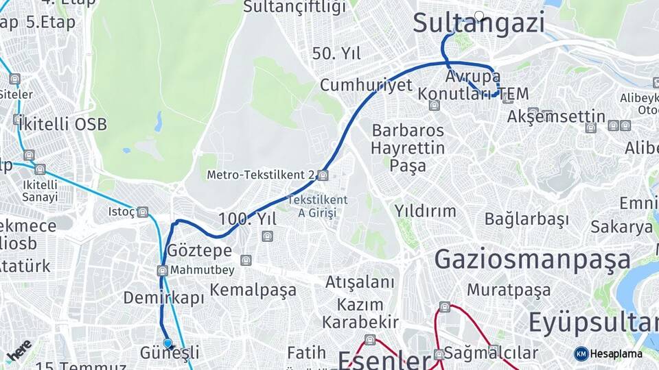 İstanbul Bağcılar Güneşli Sultangazi Arası Kaç Km - Yol Haritası