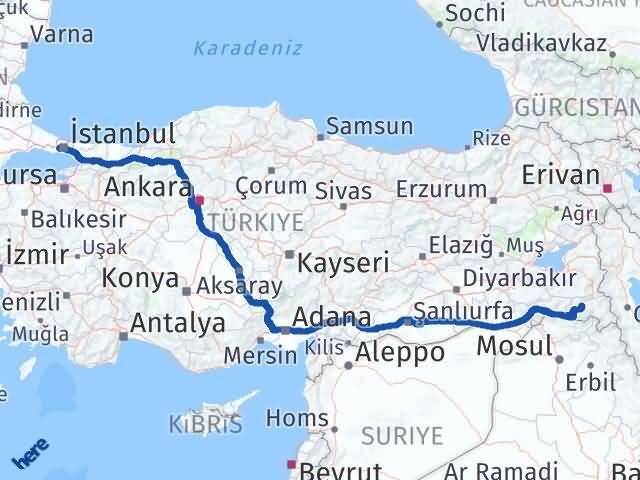İstanbul Bağcılar Hakkari Arası Kaç Km - Yol Haritası
