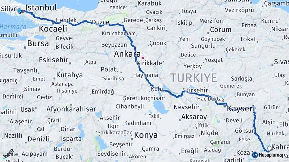 İstanbul Bağcılar Kahramanmaraş Arası Kaç Km - Yol Haritası