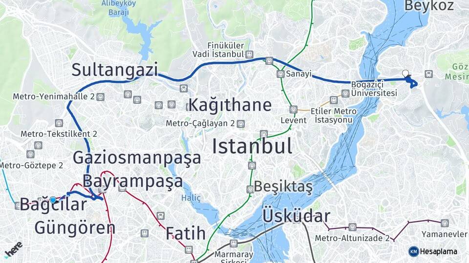 İstanbul Bağcılar Kavacık Beykoz Arası Kaç Km - Yol Haritası