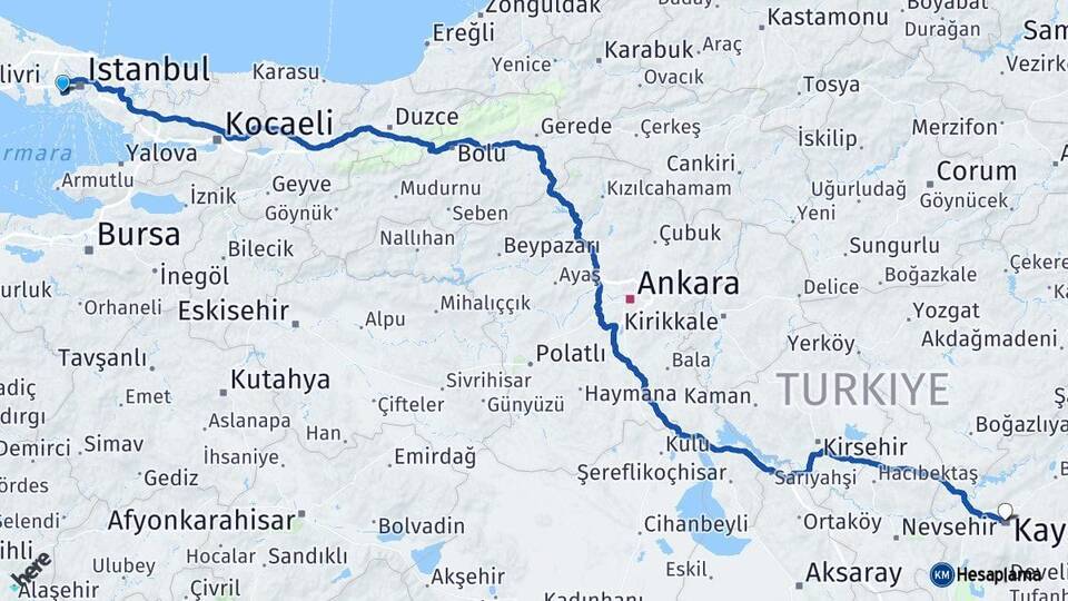 İstanbul Bağcılar Kayseri Arası Kaç Km - Yol Haritası
