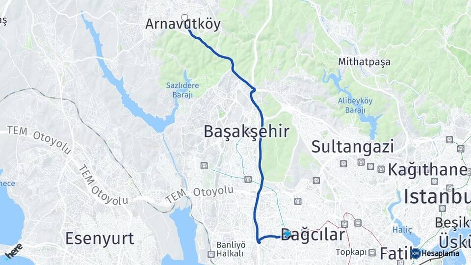 İstanbul Bağcılar Kirazlı Arnavutköy Arası Kaç Km - Yol Haritası
