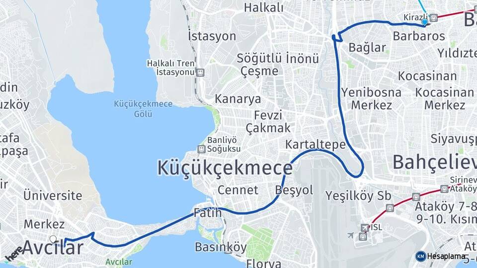 İstanbul Bağcılar Kirazlı Avcılar Arası Kaç Km - Yol Haritası