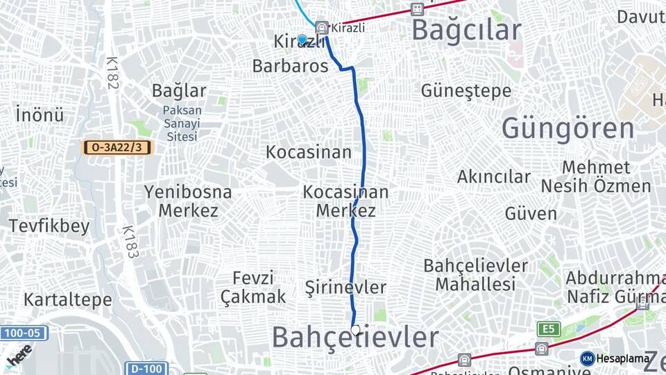 İstanbul Bağcılar Kirazlı Bahçelievler Arası Kaç Km - Yol Haritası