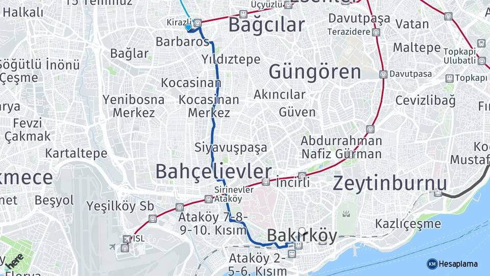 İstanbul Bağcılar Kirazlı Bakırköy Arası Kaç Km - Yol Haritası