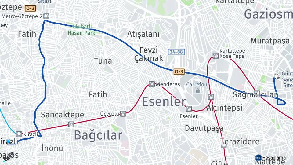 İstanbul Bağcılar Kirazlı Bayrampaşa Arası Kaç Km - Yol Haritası