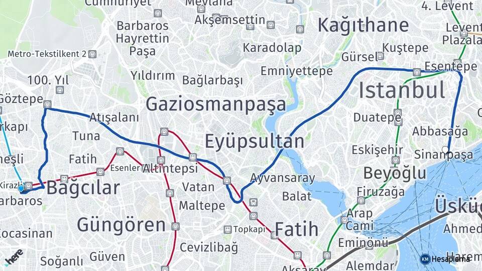 İstanbul Bağcılar Kirazlı Beşiktaş Arası Kaç Km - Yol Haritası