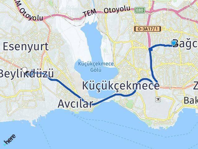 İstanbul Bağcılar Kirazlı Beylikdüzü Arası Kaç Km - Yol Haritası