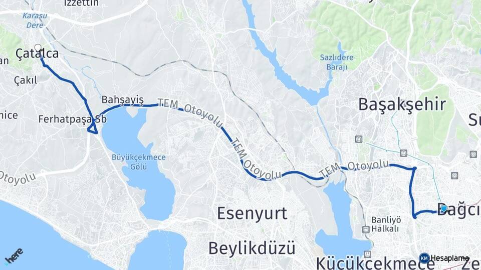İstanbul Bağcılar Kirazlı Çatalca Arası Kaç Km - Yol Haritası