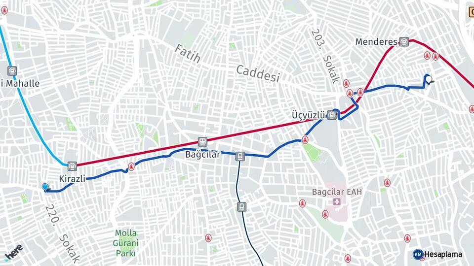 İstanbul Bağcılar Kirazlı Esenler Arası Kaç Km - Yol Haritası