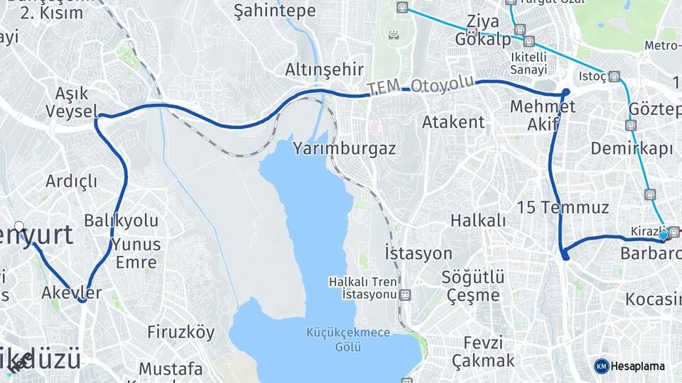 İstanbul Bağcılar Kirazlı Esenyurt Arası Kaç Km - Yol Haritası