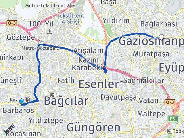 İstanbul Bağcılar Kirazlı Gaziosmanpaşa Arası Kaç Km - Yol Haritası