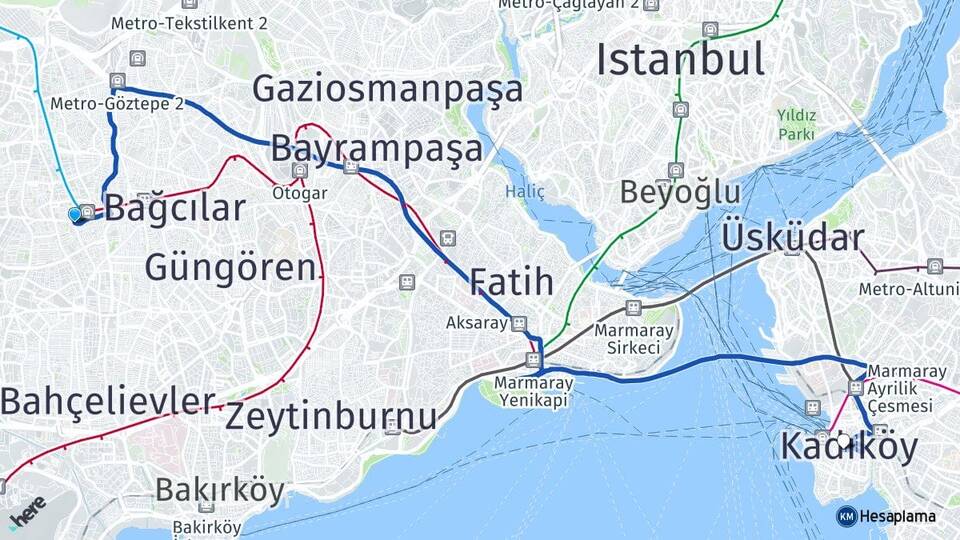 İstanbul Bağcılar Kirazlı Kadıköy Arası Kaç Km - Yol Haritası