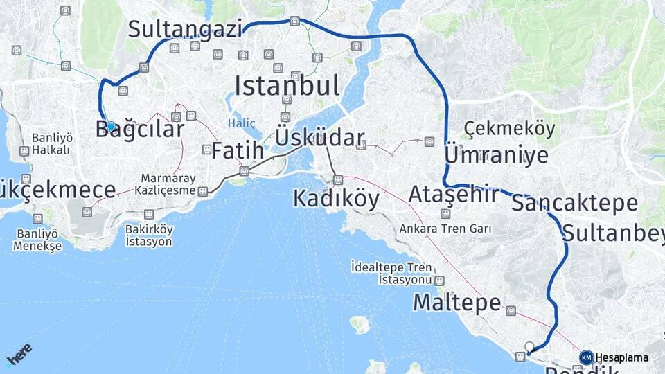 İstanbul Bağcılar Kirazlı Kartal Arası Kaç Km - Yol Haritası