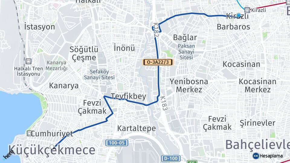 İstanbul Bağcılar Kirazlı Küçükçekmece Arası Kaç Km - Yol Haritası
