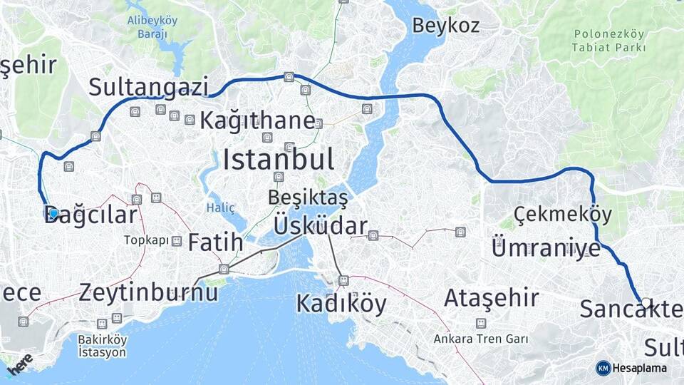 İstanbul Bağcılar Kirazlı Sancaktepe Arası Kaç Km - Yol Haritası