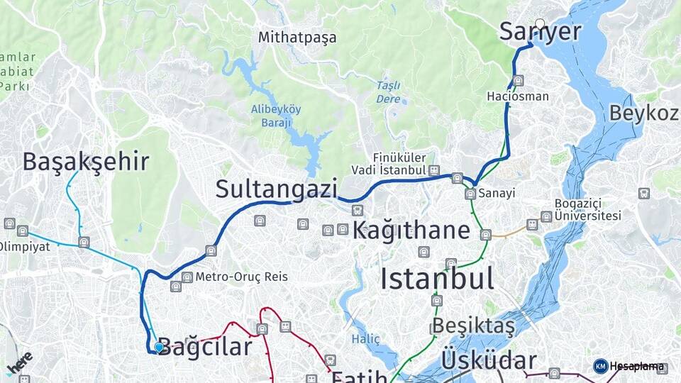 İstanbul Bağcılar Kirazlı Sarıyer Arası Kaç Km - Yol Haritası