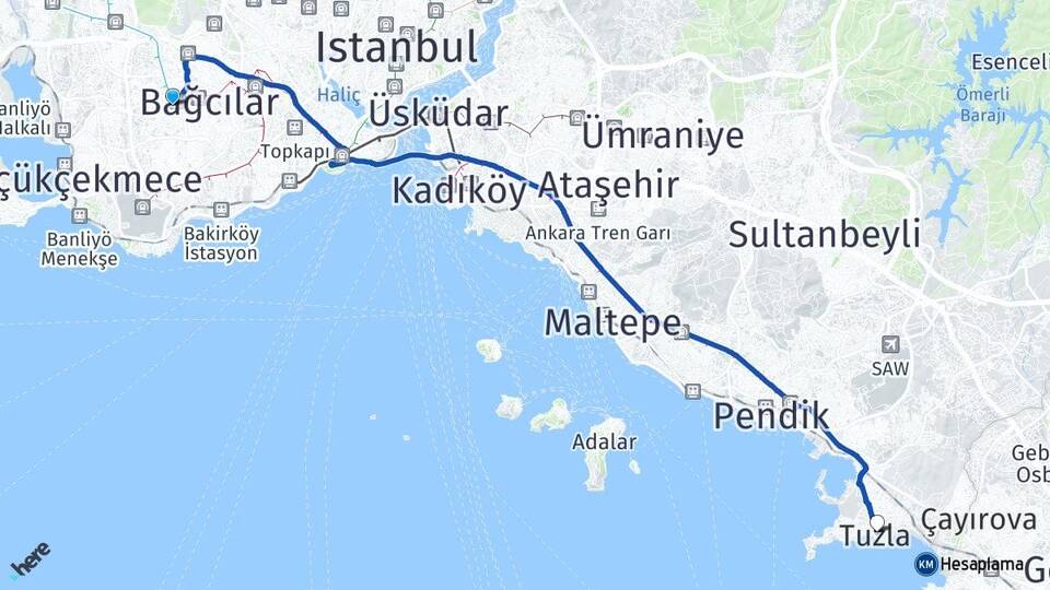 İstanbul Bağcılar Kirazlı Tuzla Arası Kaç Km - Yol Haritası