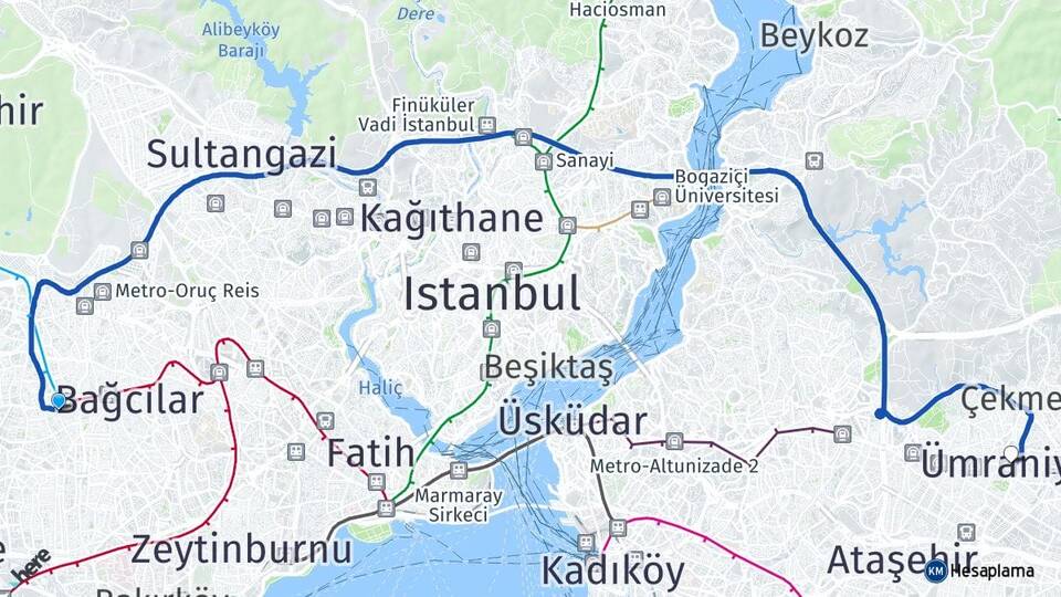 İstanbul Bağcılar Kirazlı Ümraniye Arası Kaç Km - Yol Haritası
