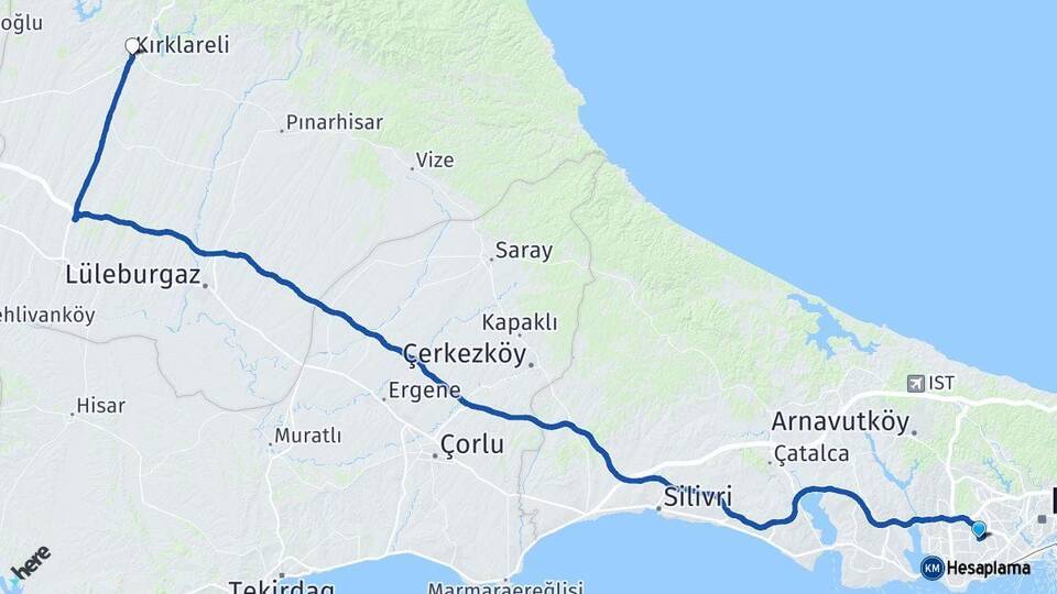 İstanbul Bağcılar Kırklareli Arası Kaç Km - Yol Haritası
